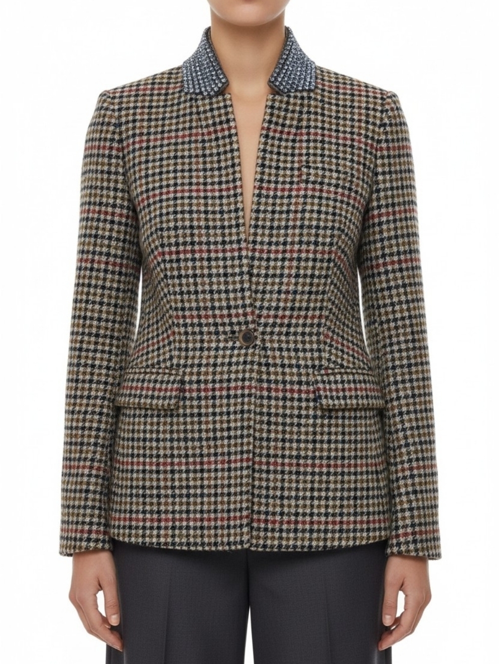 J.Crew Regent Crystal Collar Houndstooth Blazer Size 2 Wool